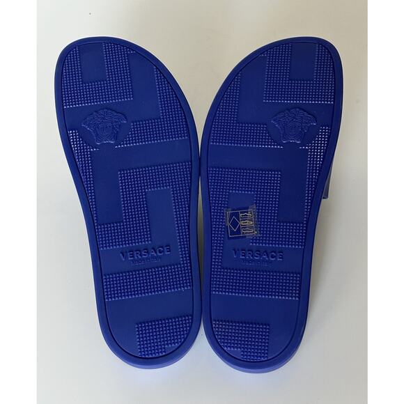 Versace Smiley Medusa Slides Sandals Blue/Lime 11 US (44 Eu) DSU6516 IT NIB $450 - Picture 11 of 13